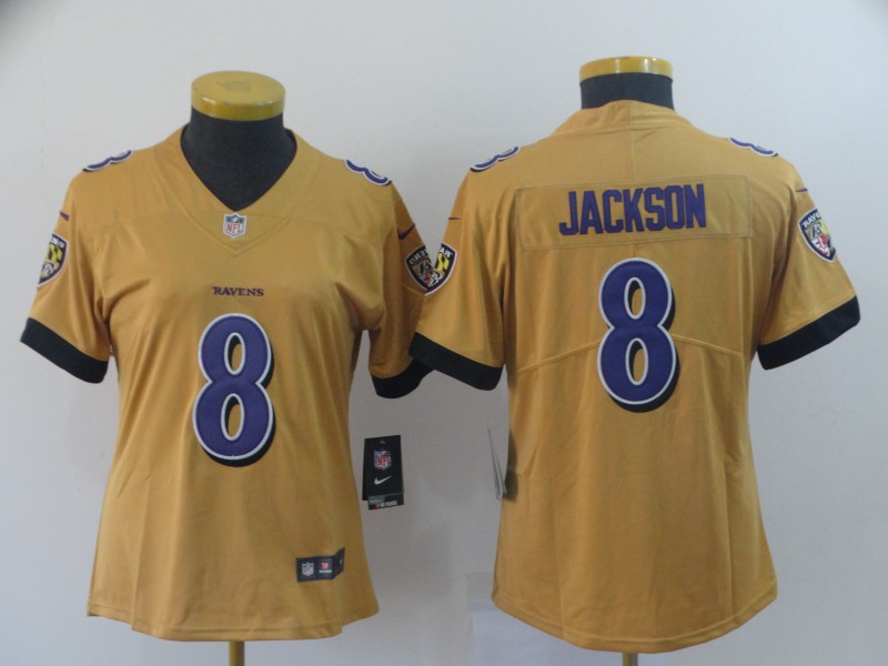 Women's Baltimore Ravens #8 Lamar Jackson Gold Inverted Legend Stitched NFL Jersey(Run Small) Women's Baltimore Ravens #8 Lamar Jackson Gold Inverted Legend Stitched NFL Jersey(Run Small)